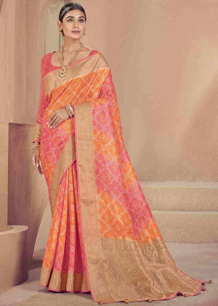 Pink & Yellow Zari Woven Raw Silk Saree