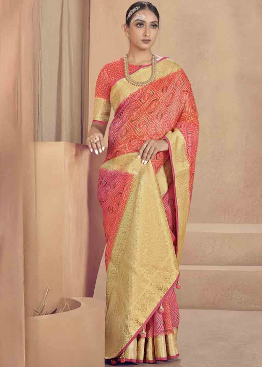 Pink & Orange Zari Woven Raw Silk Saree