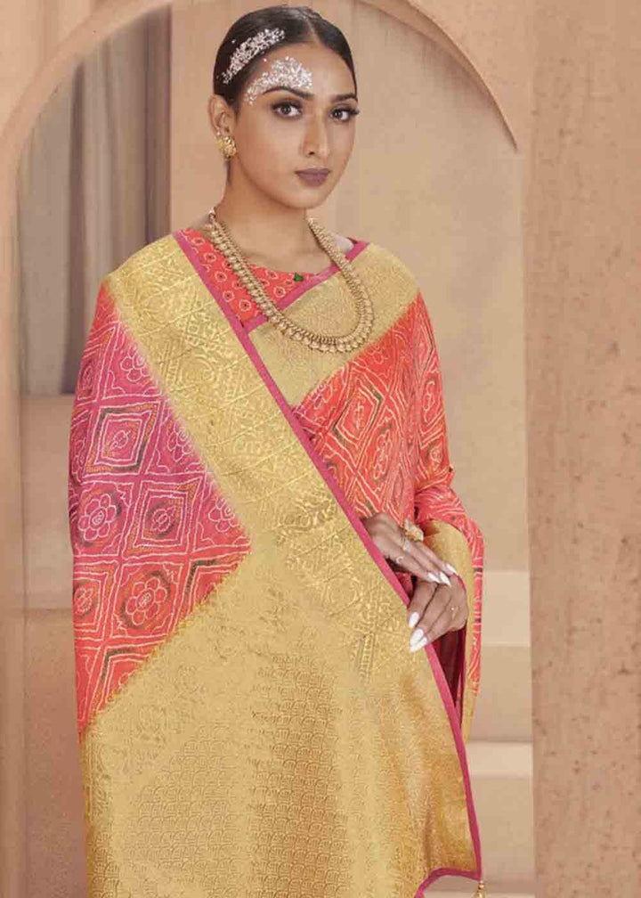 Pink & Orange Zari Woven Raw Silk Saree