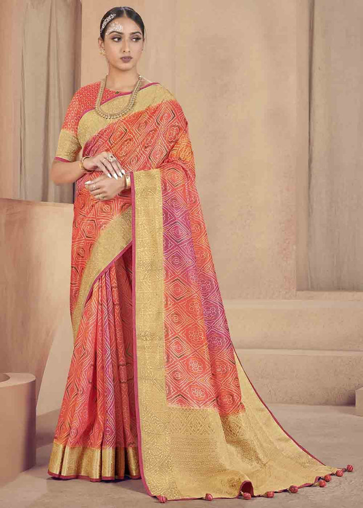 Pink & Orange Zari Woven Raw Silk Saree