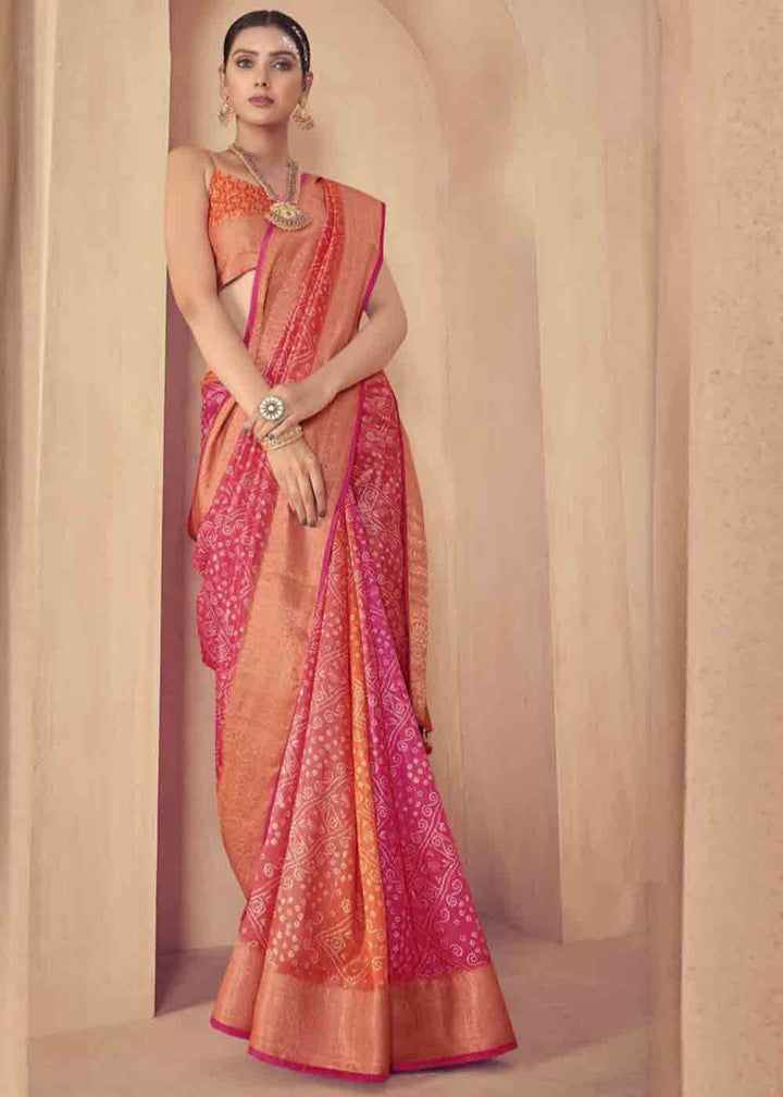 Pink & Orange Zari Woven Raw Silk Saree