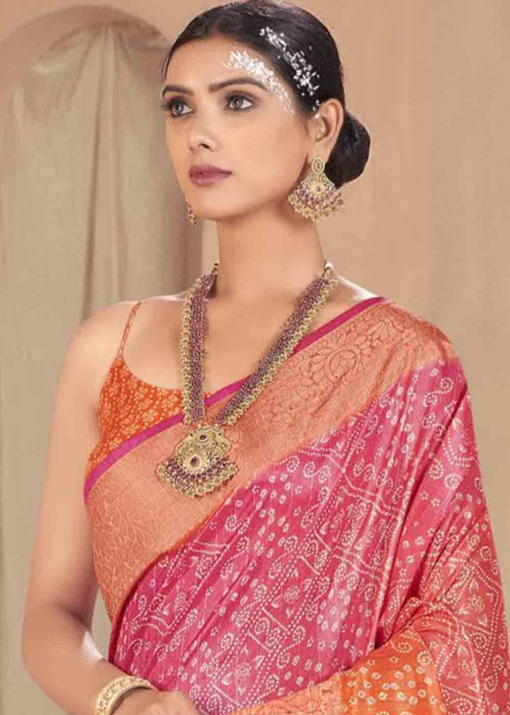 Pink & Orange Zari Woven Raw Silk Saree