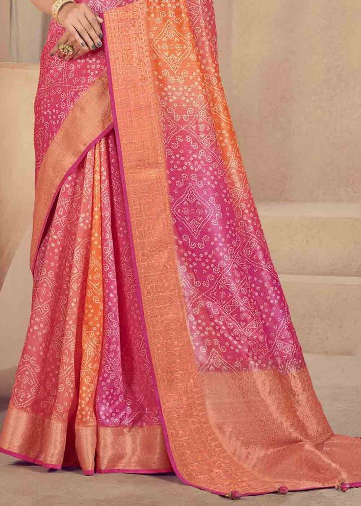 Pink & Orange Zari Woven Raw Silk Saree