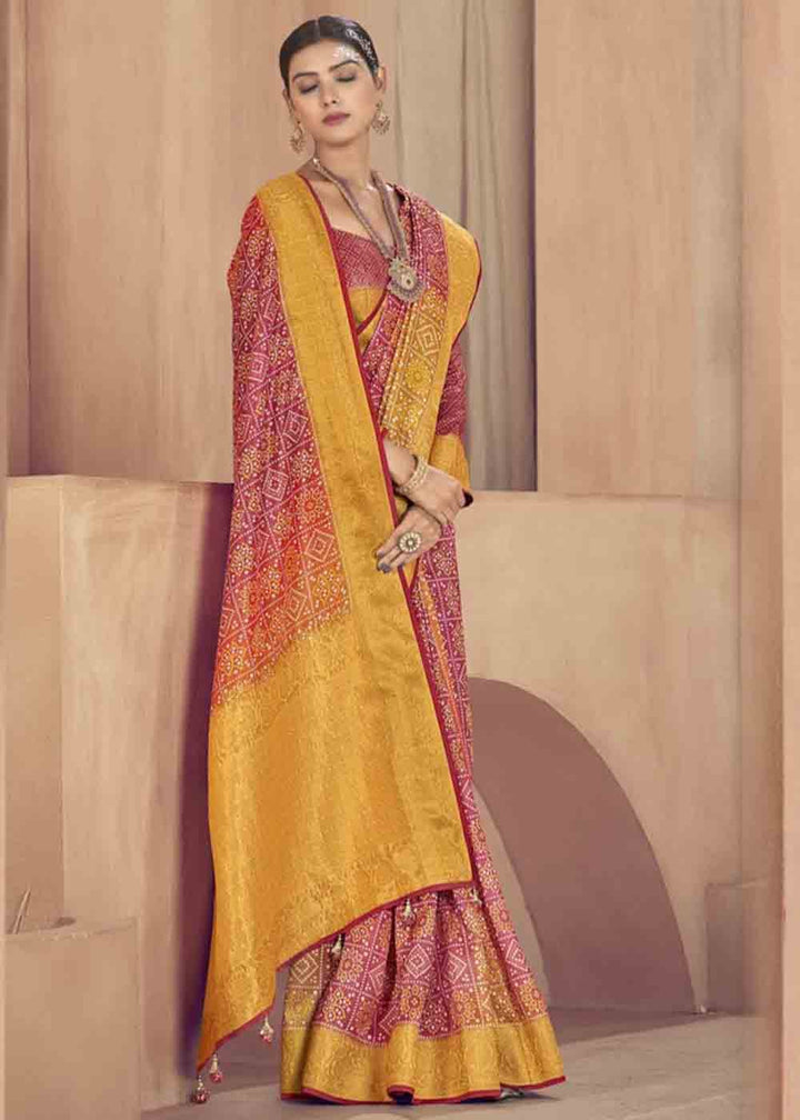 Pink & Yellow Zari Woven Raw Silk Saree