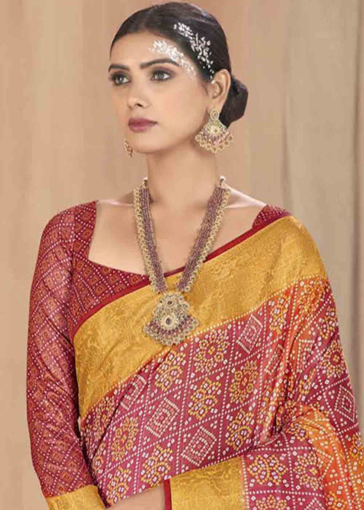 Pink & Yellow Zari Woven Raw Silk Saree