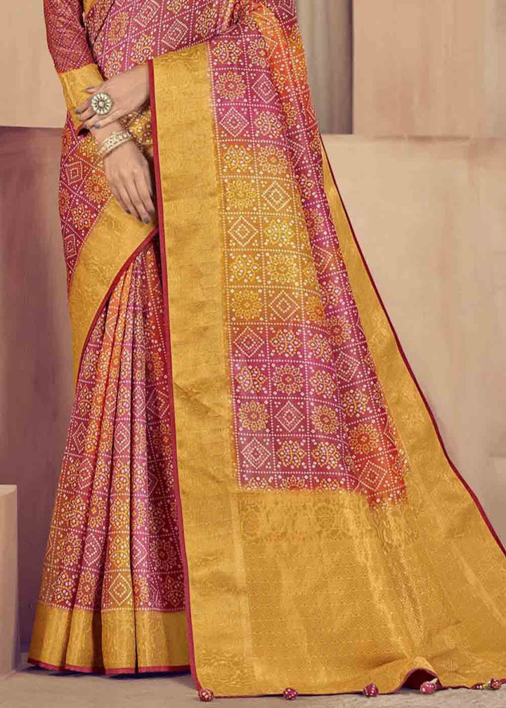 Pink & Yellow Zari Woven Raw Silk Saree