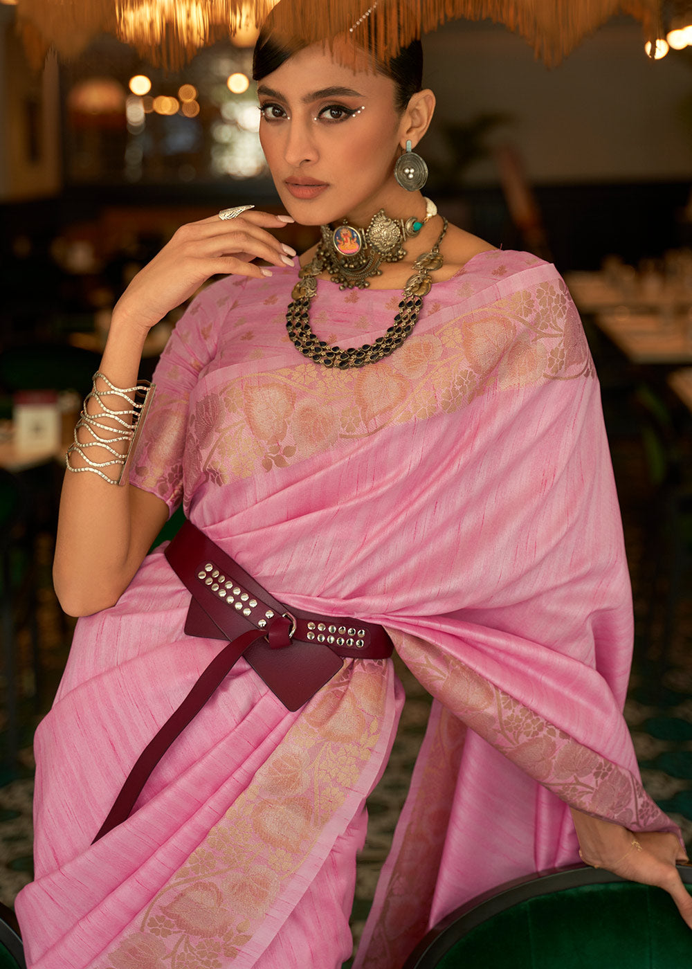 Flamingo Pink Zari Woven Tussar Silk Saree