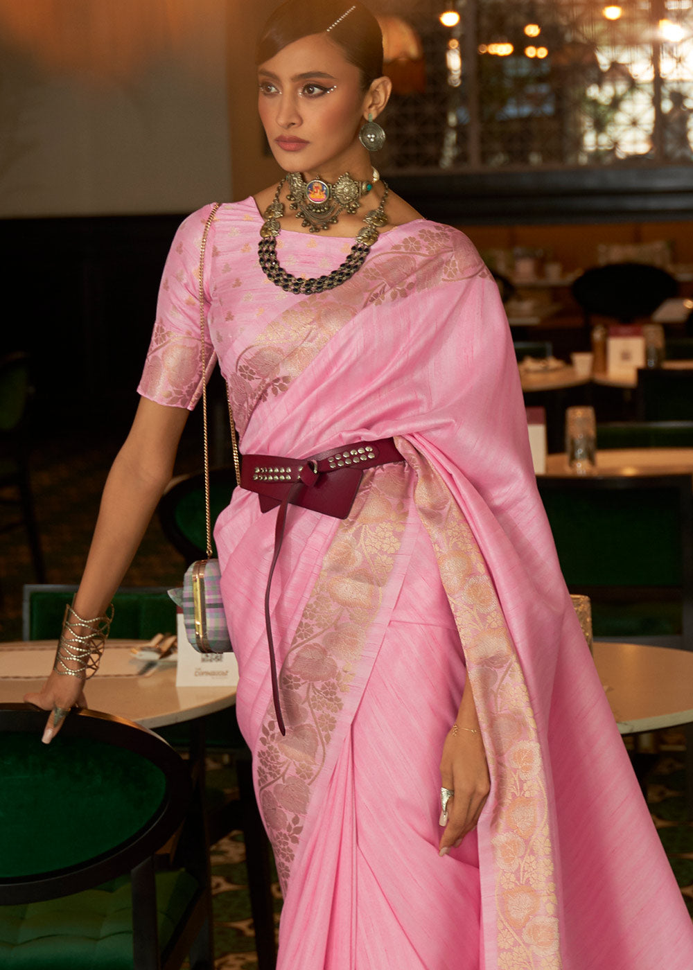 Flamingo Pink Zari Woven Tussar Silk Saree