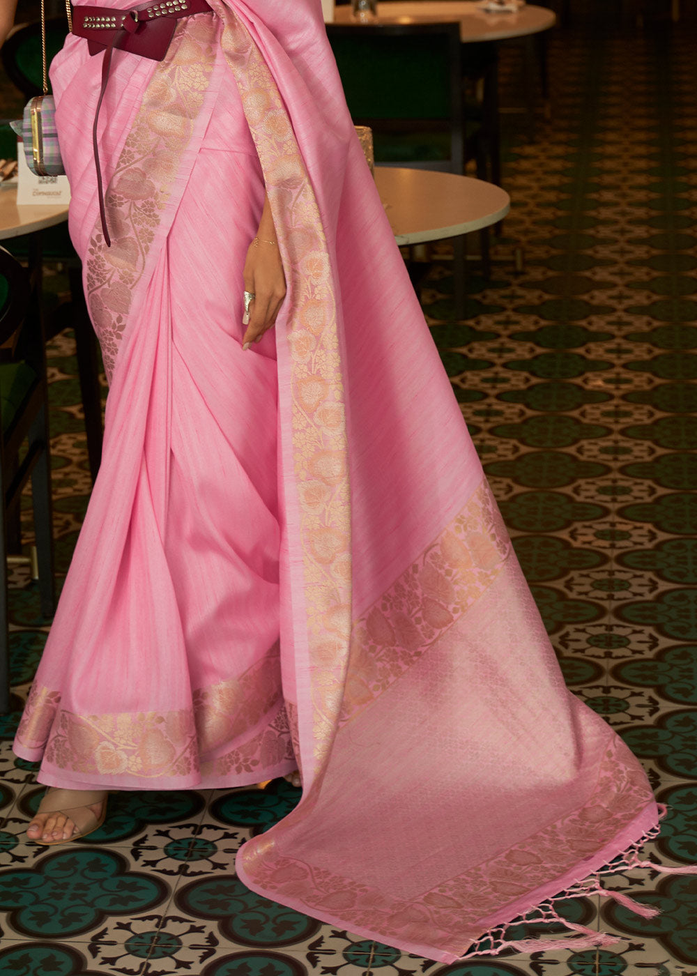 Flamingo Pink Zari Woven Tussar Silk Saree