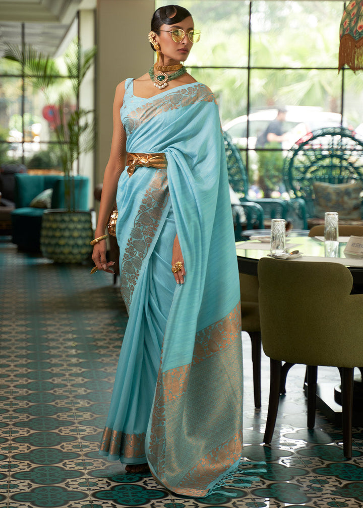 Light Olympic Blue Zari Woven Tussar Silk Saree