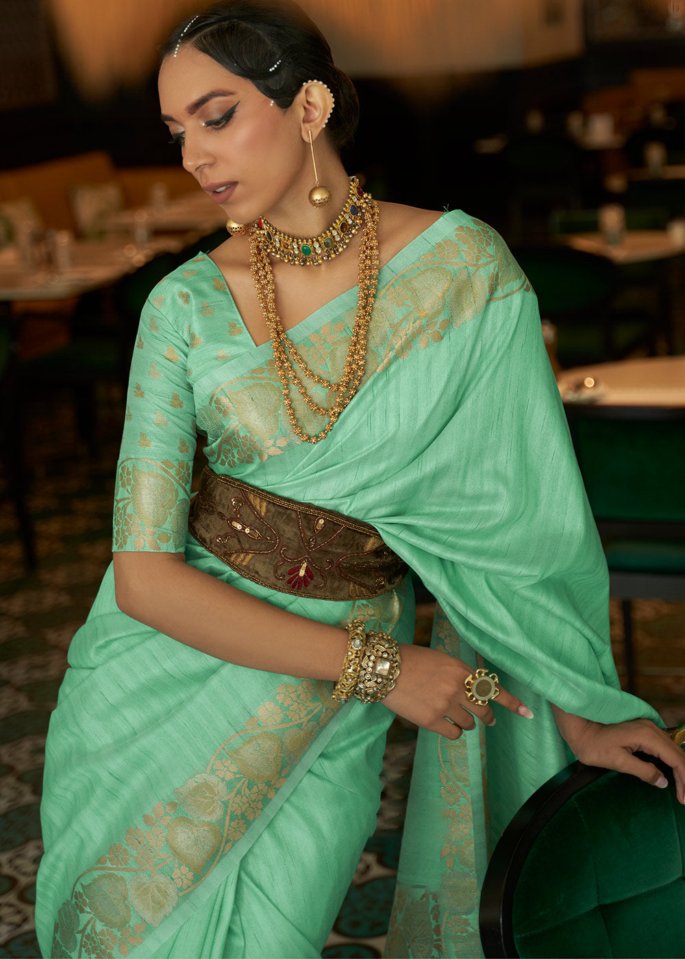 Seafoam Green Zari Woven Tussar Silk Saree