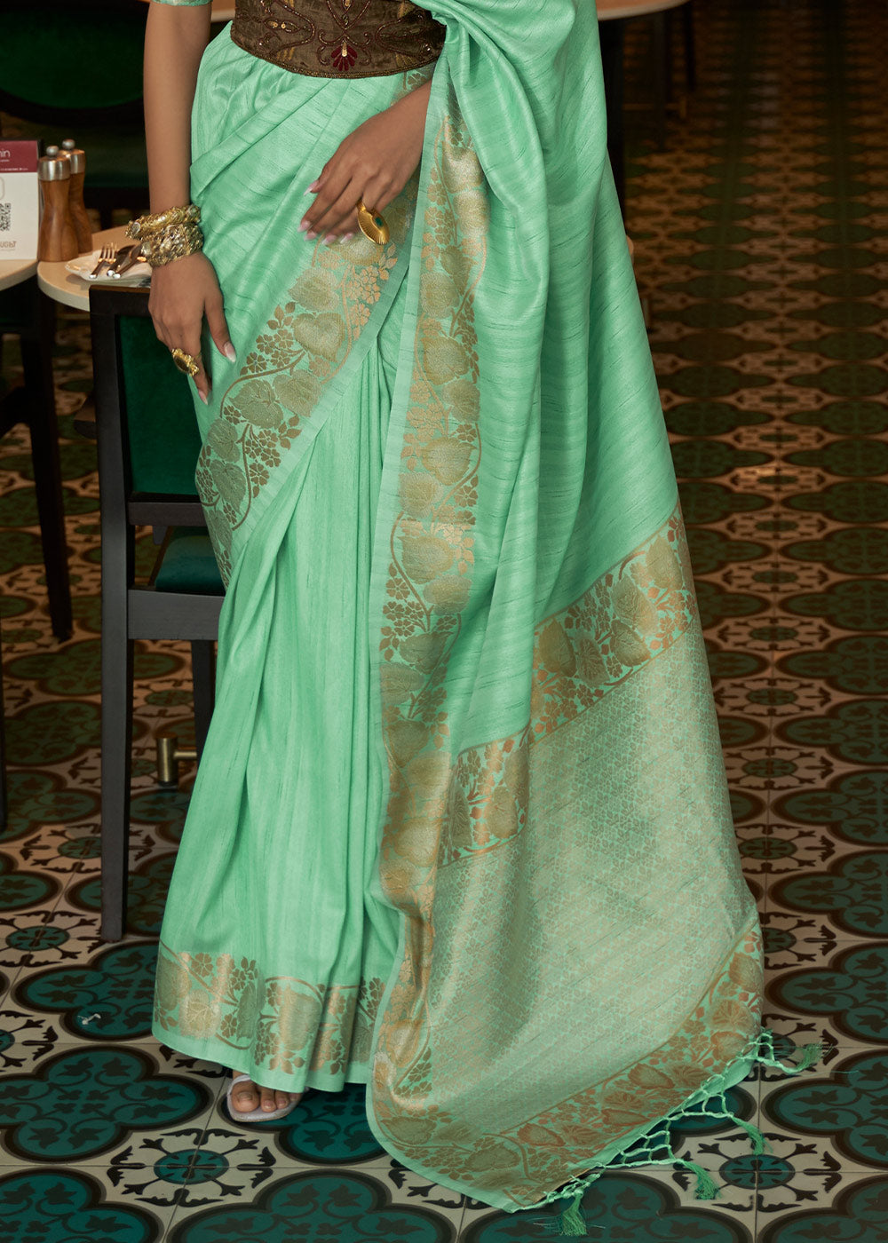 Seafoam Green Zari Woven Tussar Silk Saree