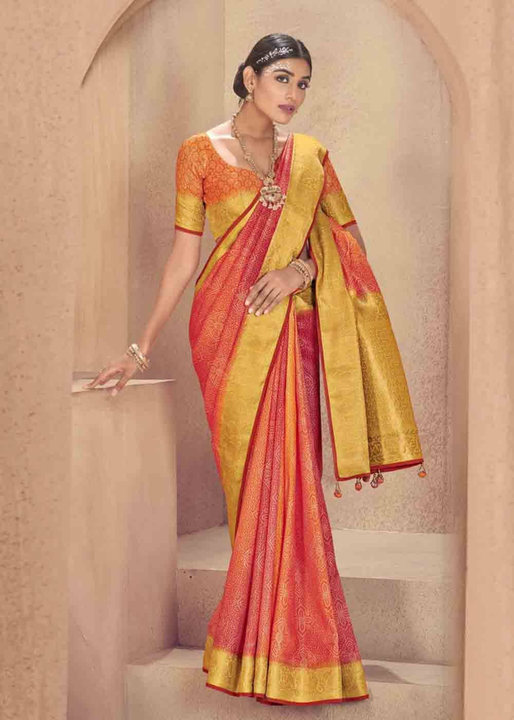 Orange & Pink Zari Woven Raw Silk Saree