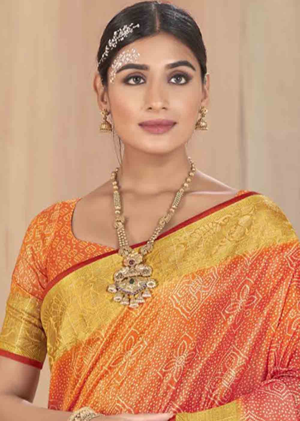 Orange & Pink Zari Woven Raw Silk Saree