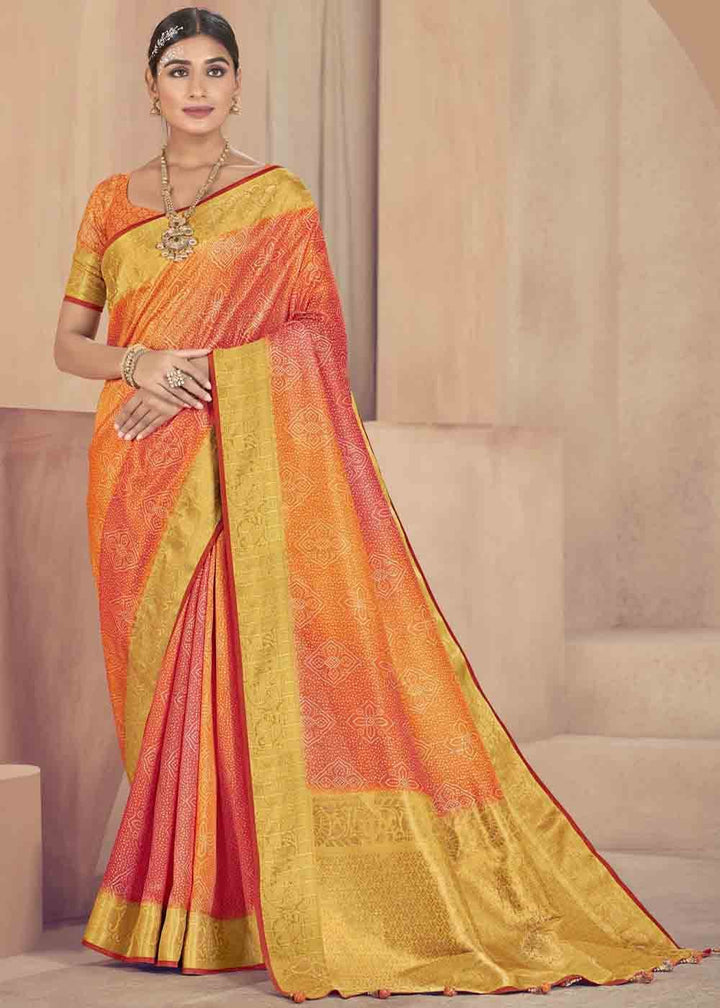 Orange & Pink Zari Woven Raw Silk Saree