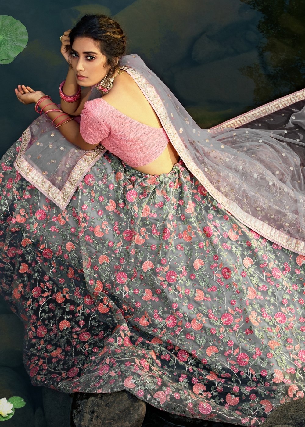 Seal Grey Designer Soft Net Lehenga Choli with Sequins, Thread & Zari work