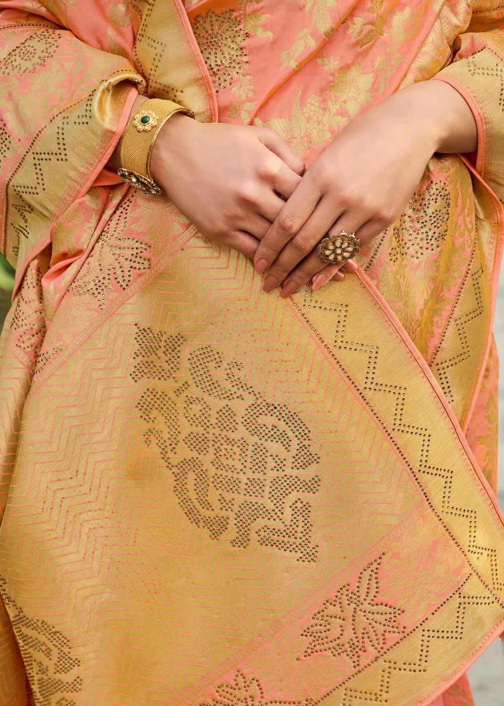 Peach Pink Zari Woven Banarasi Silk Saree