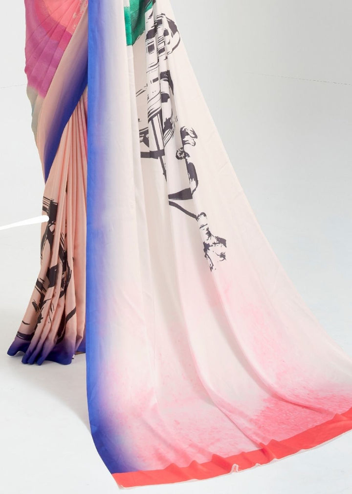 Baby Pink Satin Silk Digital Printed Saree