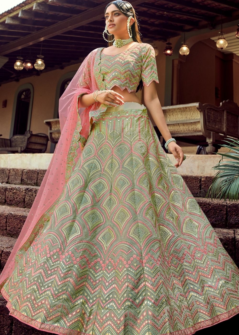 Pista Green Organza Lehenga Choli with Gota & Resham work