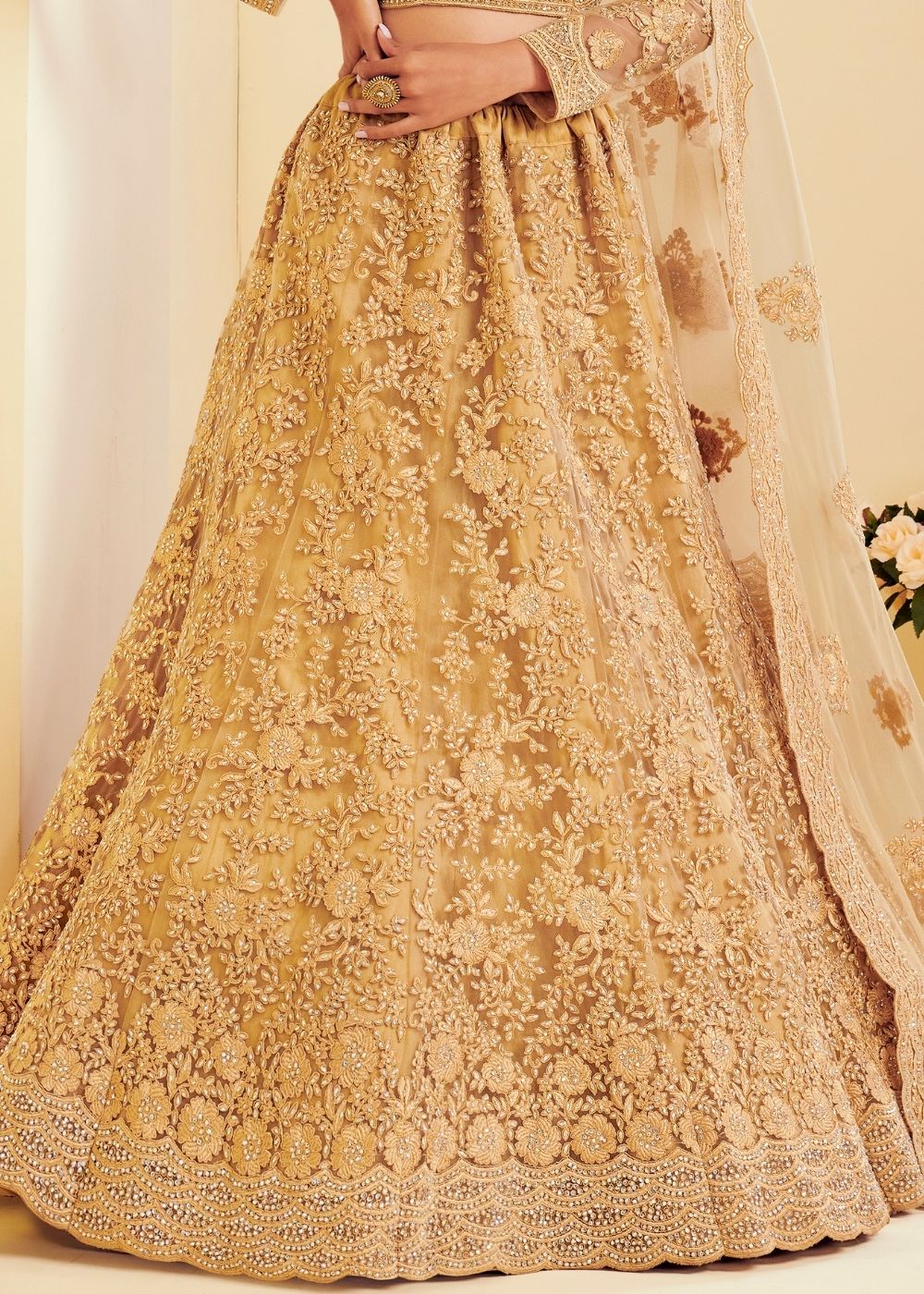 Antique Golden Soft Net Lehenga Choli with Cording Embroidery &  Stone work