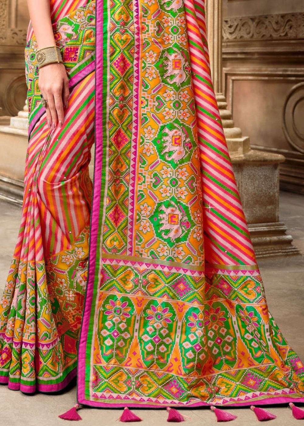 Rouge Pink Patola Silk Saree with Mirror Khatli and Cut-Dana work