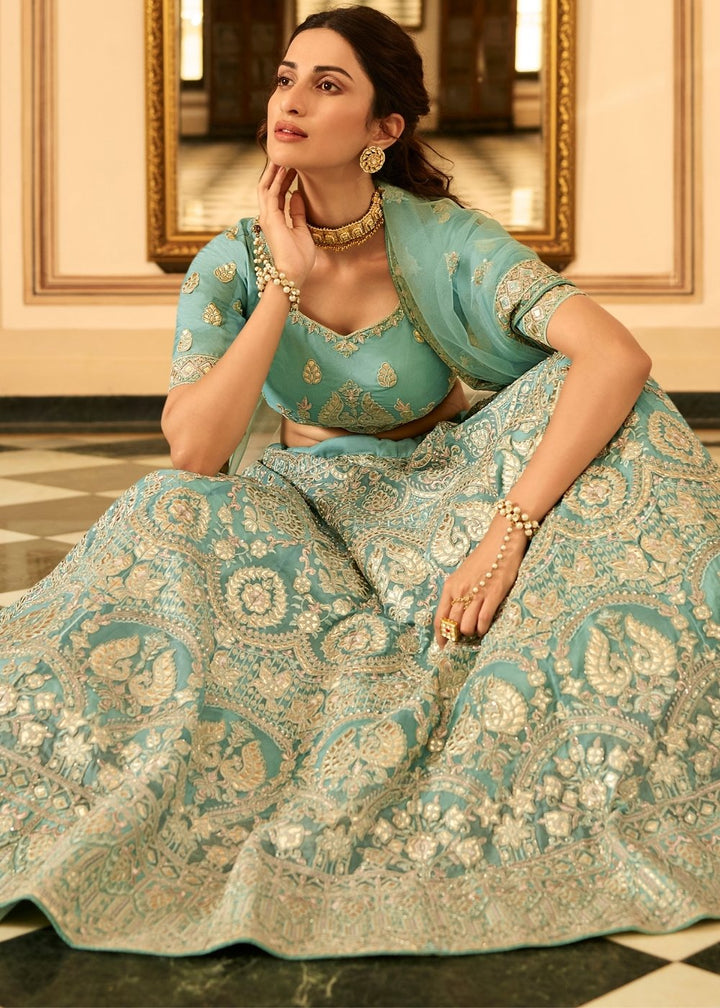 Turquoise Blue Organza Lehenga Choli with Zari, Dori, Resham, Gota & Zarkan work