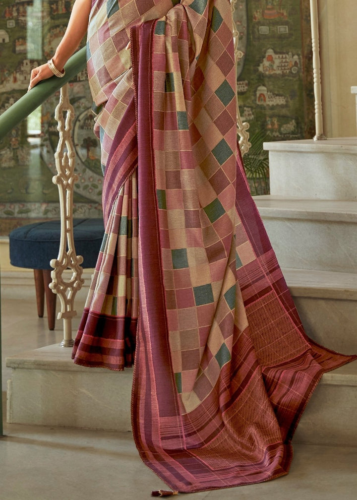 Shades Of Brown Designer Checkered Silk Saree