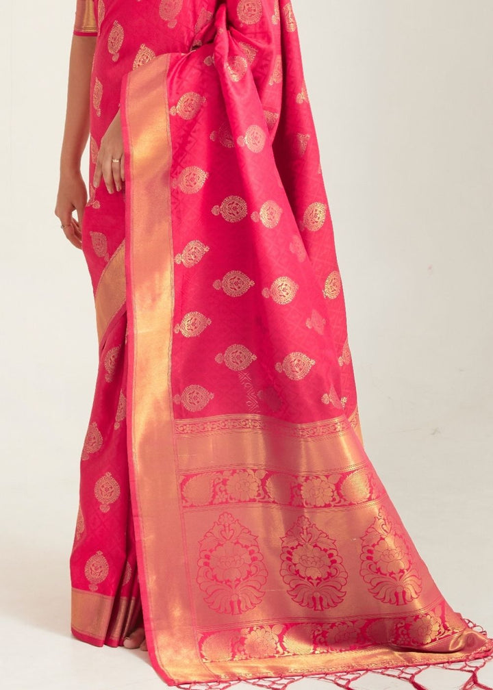 French Rose Pink Zari Butta Woven Banasari Silk Saree