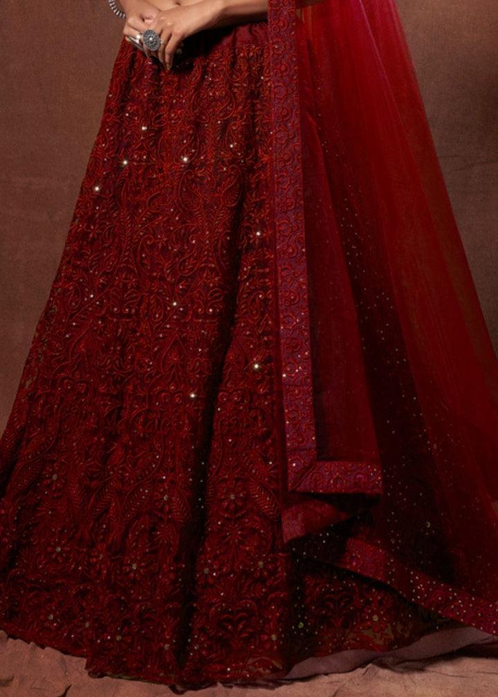 Barn Red Designer Soft Net Lehenga Choli with Thread & Sequins work