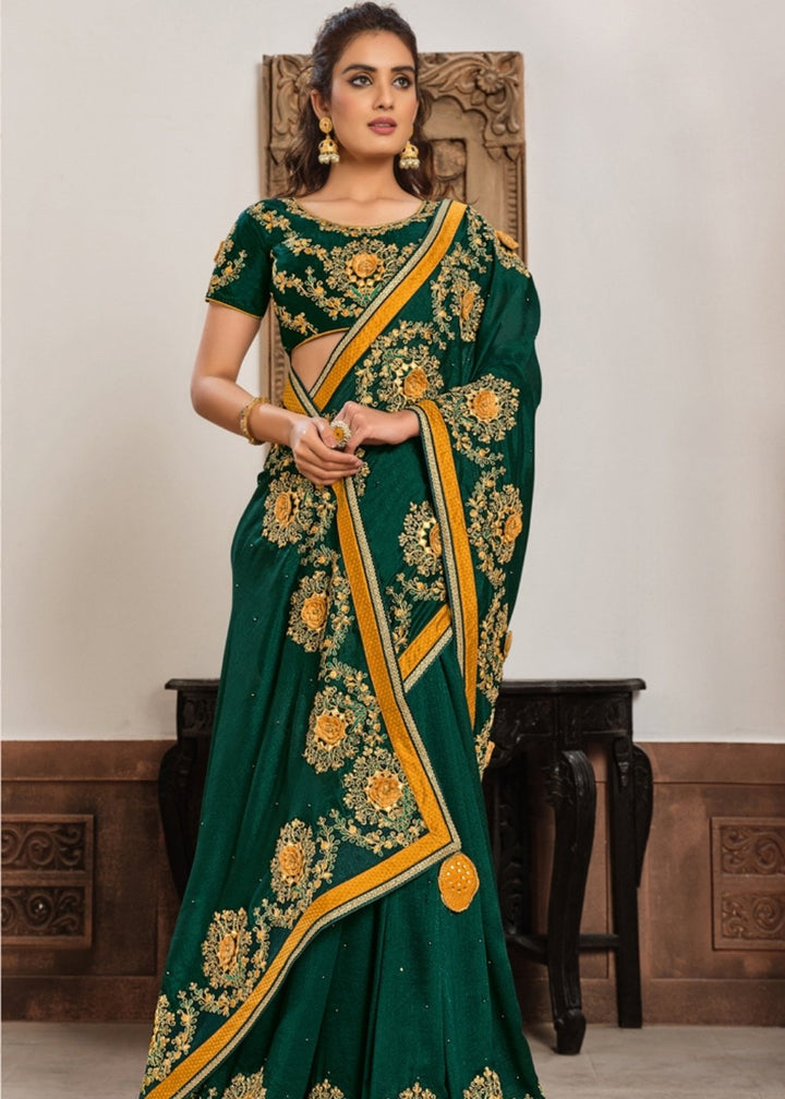 Deep Green Georgette Silk Saree with Resham, Zari & Cord Embroidery