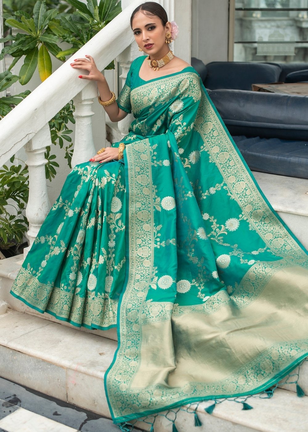 Teal Blue Soft Banarasi Silk Saree with Floral Zari work