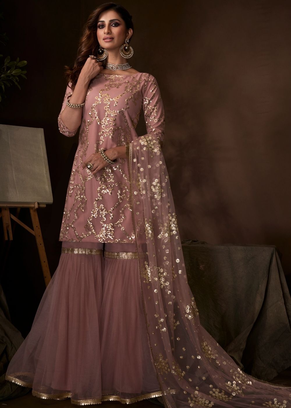 Rose Pink Designer Soft Net Sharara Suit with Sequin and Thread work