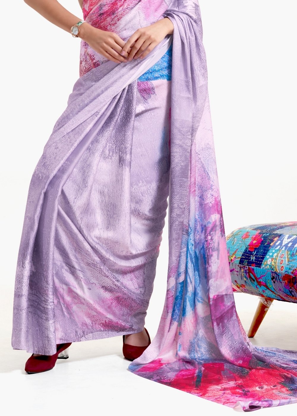 Periwinkle Purple Digital Printed Satin Crepe Saree