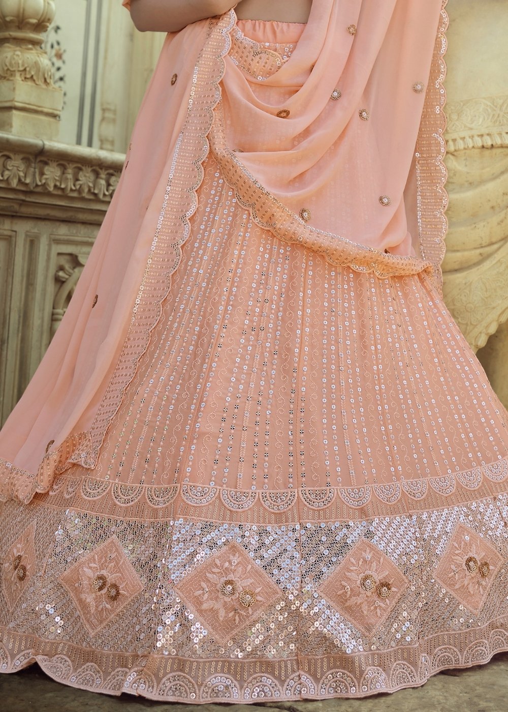 Salmon Pink Georgette Lehenga Choli with Sequins & Thread work