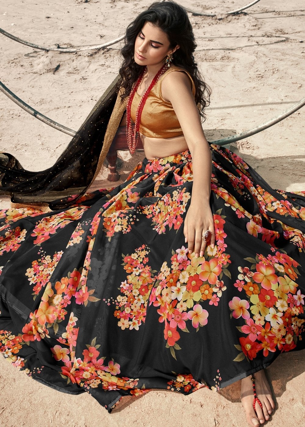 Onyx Black Designer Printed Organza Lehenga with Soft Net Dupatta