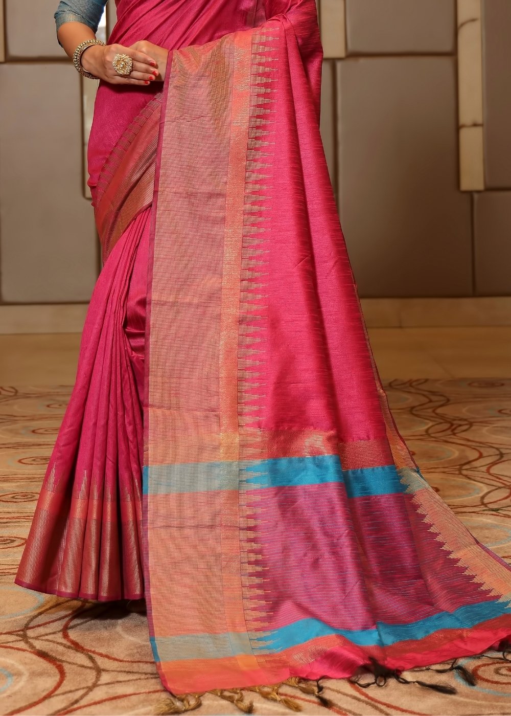 Hot Pink Art Silk Saree with Temple Border