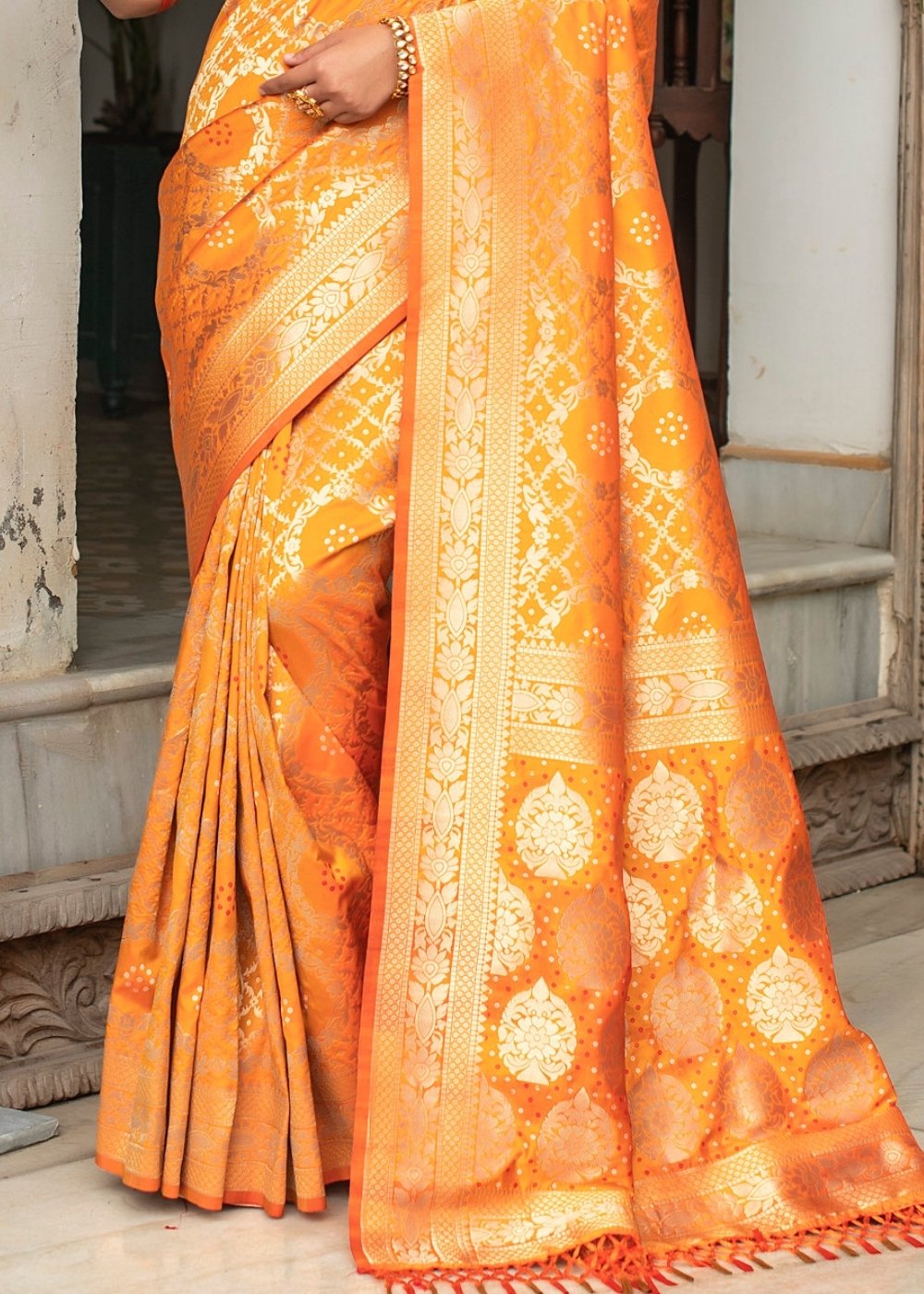 Gold Orange Zari Woven Bandhani Banarasi Silk Saree