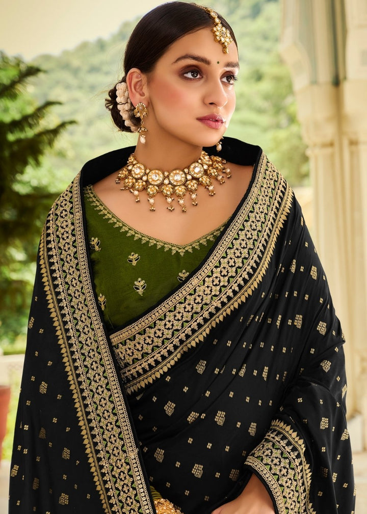 Ebony Black Woven Banarasi Silk Saree with Embroidered Blouse