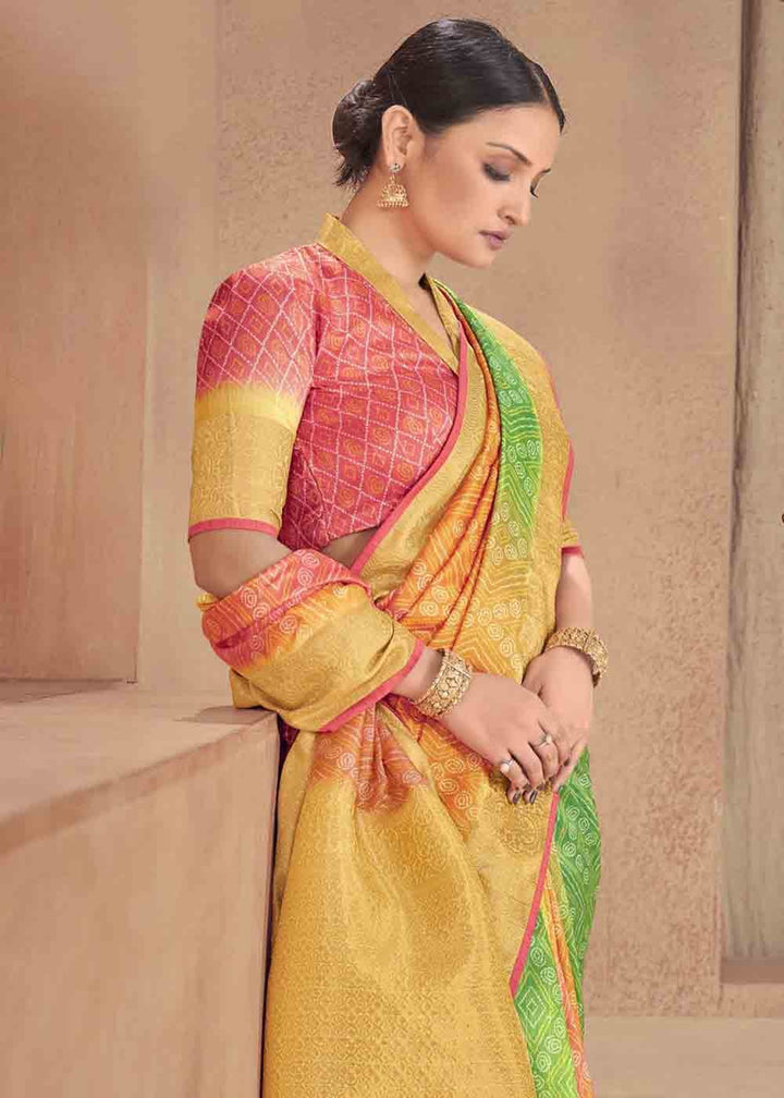 Green & Yellow Zari Woven Raw Silk Saree