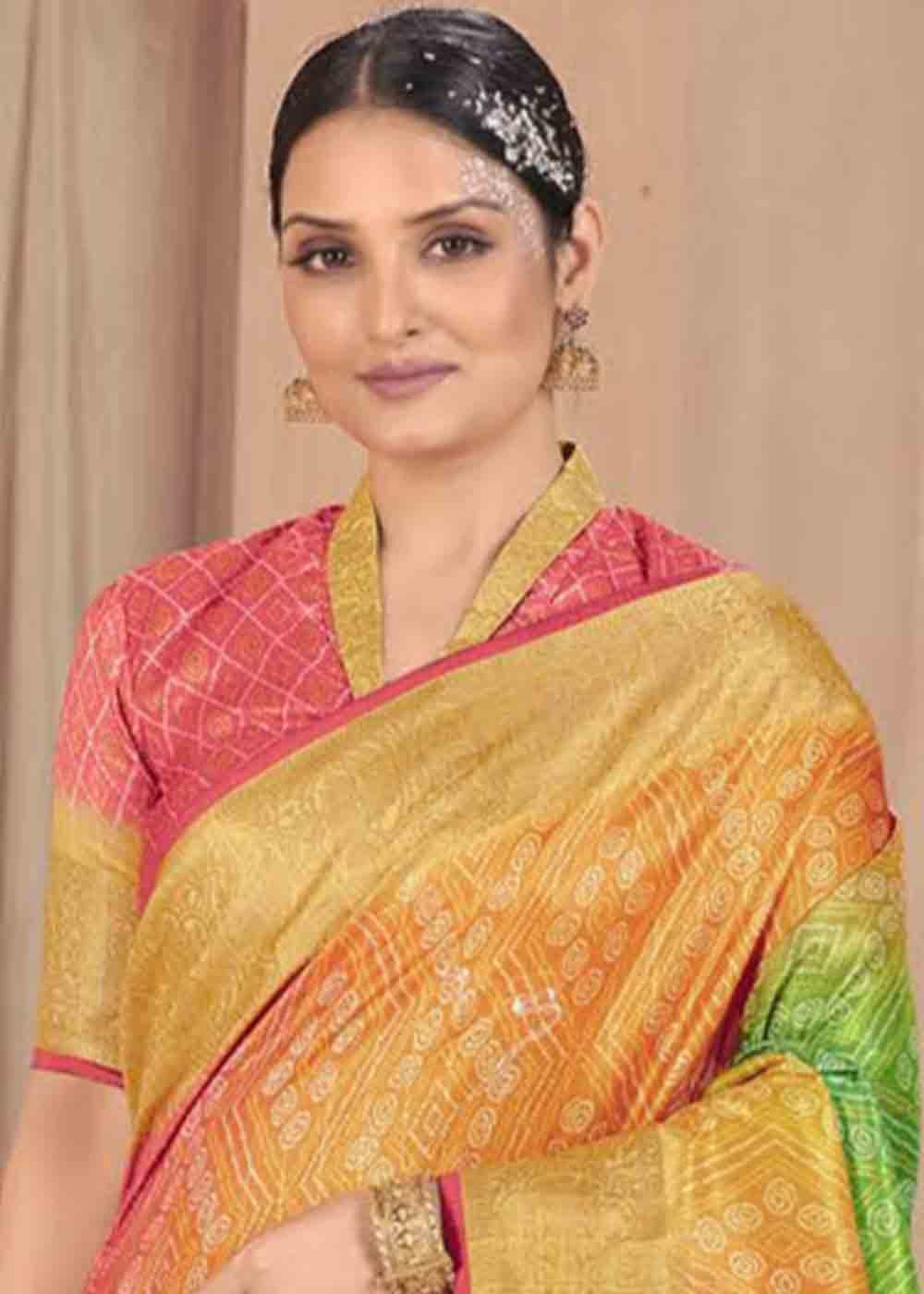 Green & Yellow Zari Woven Raw Silk Saree