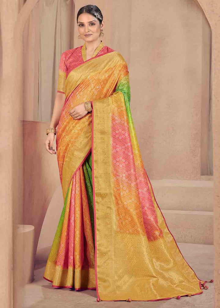 Green & Yellow Zari Woven Raw Silk Saree