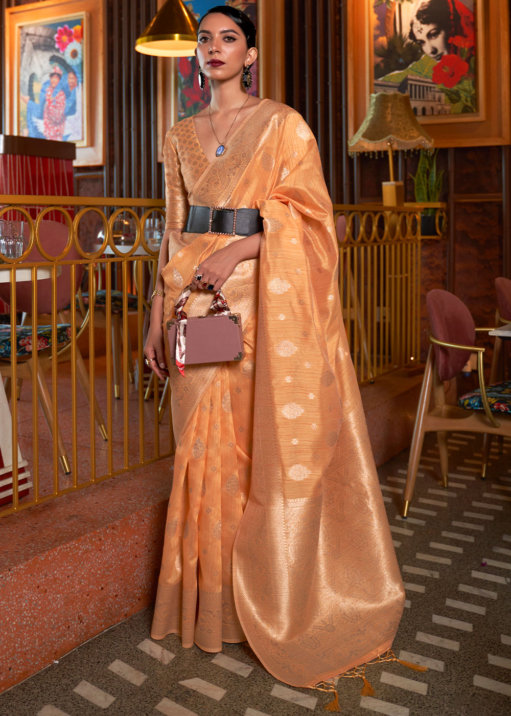 Cantaloupe Orange Handloom Weaving Tussar Silk Saree