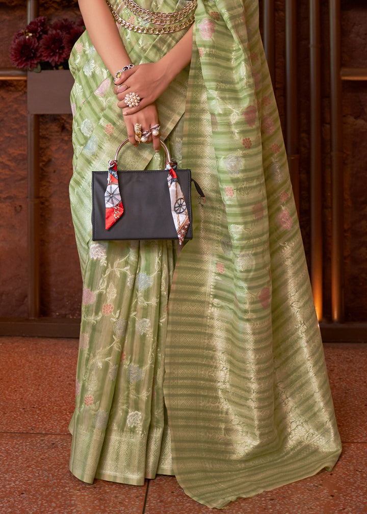 Shades Of Green Handloom Weaving Linen Silk Saree