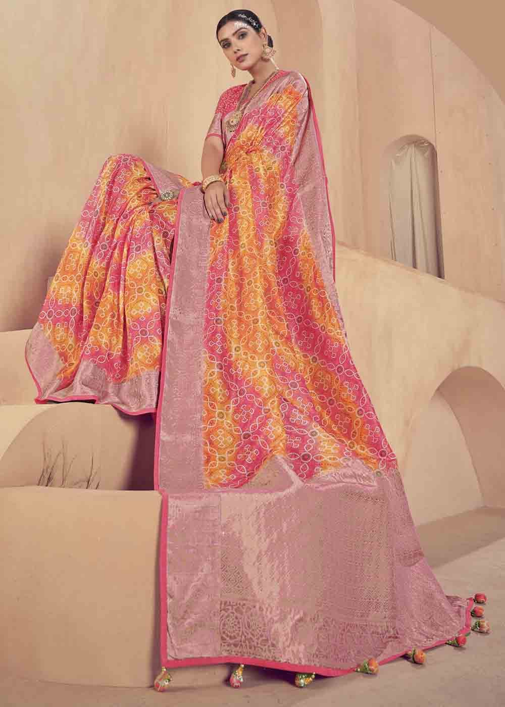 Pink & Yellow Zari Woven Raw Silk Saree