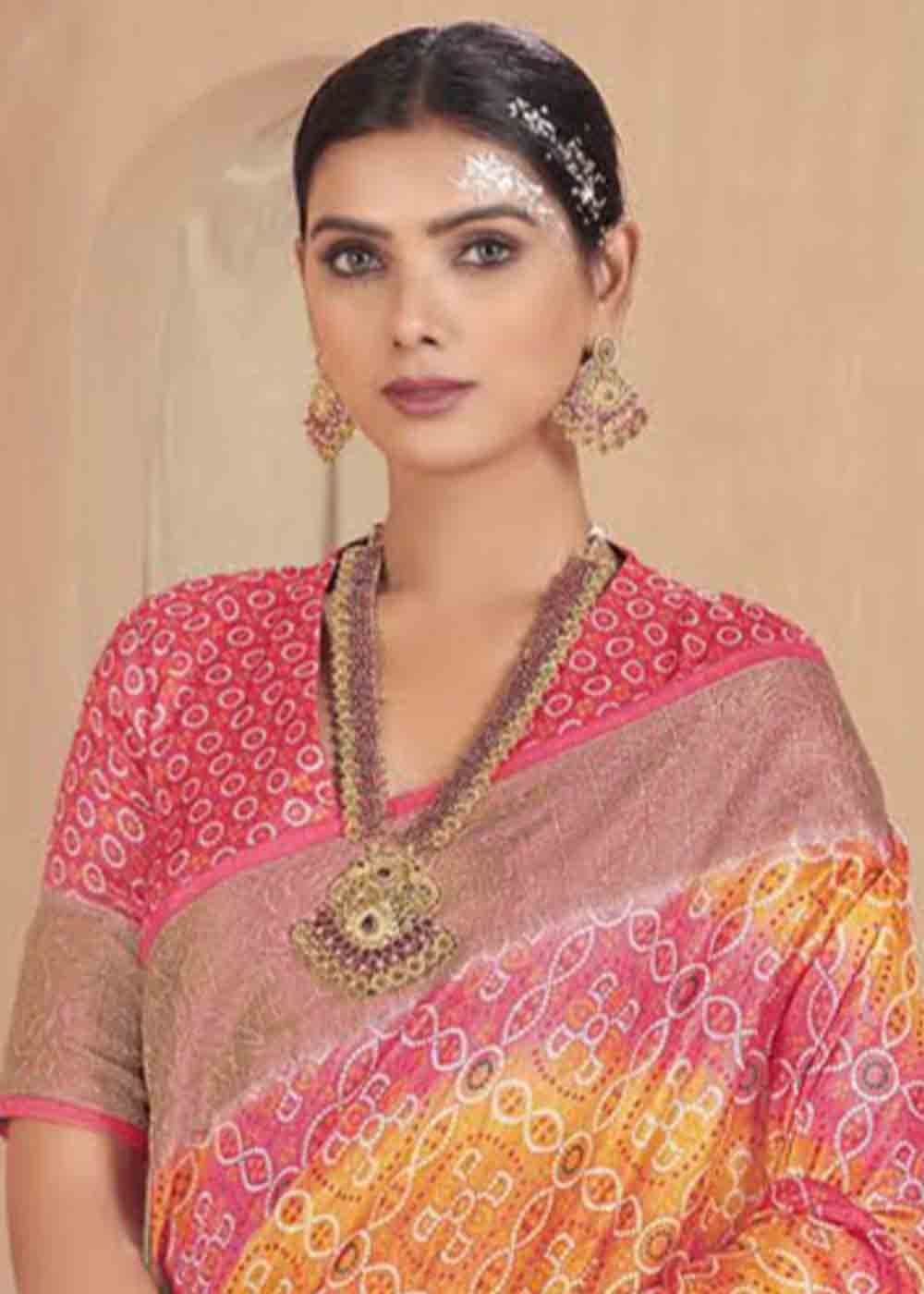 Pink & Yellow Zari Woven Raw Silk Saree