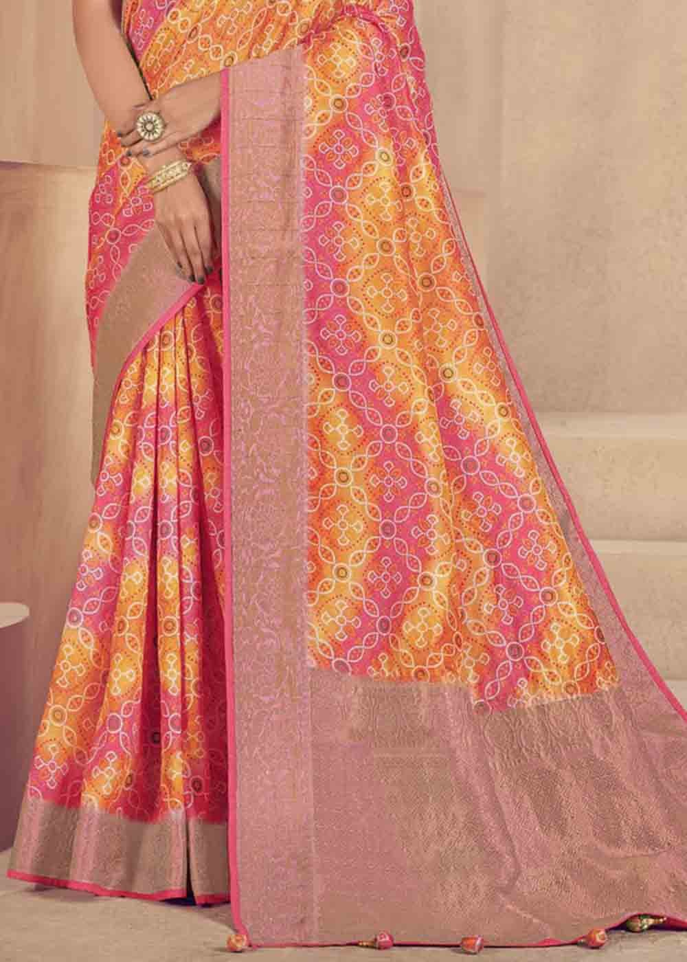 Pink & Yellow Zari Woven Raw Silk Saree