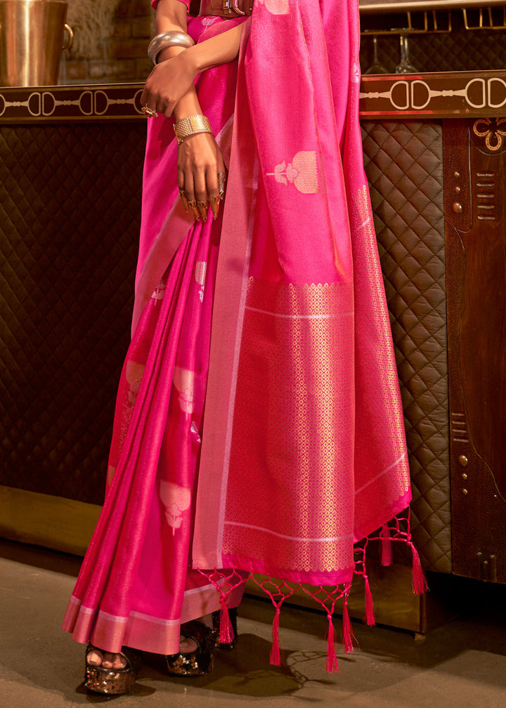 Hot Pink Copper Zari Woven Designer Silk Saree