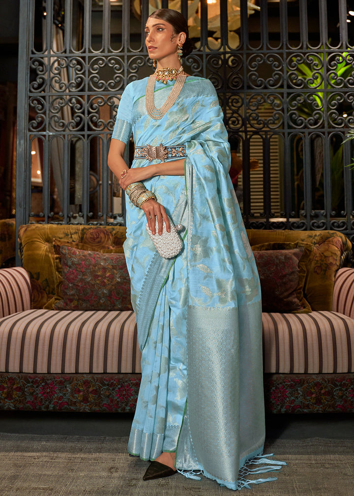 Capri Blue Handloom Woven Designer Silk Saree