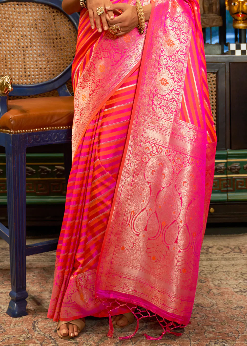 Fiery Rose Pink Zari Woven Satin Silk Saree