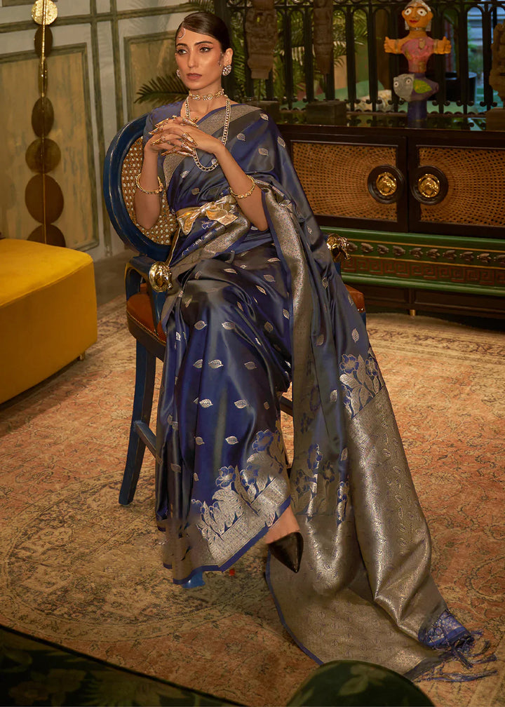 French Navy Blue Zari Woven Satin Silk Saree